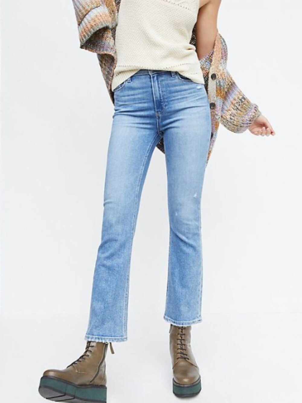 Paige Claudine High-Rise Ankle Flare Jeans Seaspray Distressed Size 29